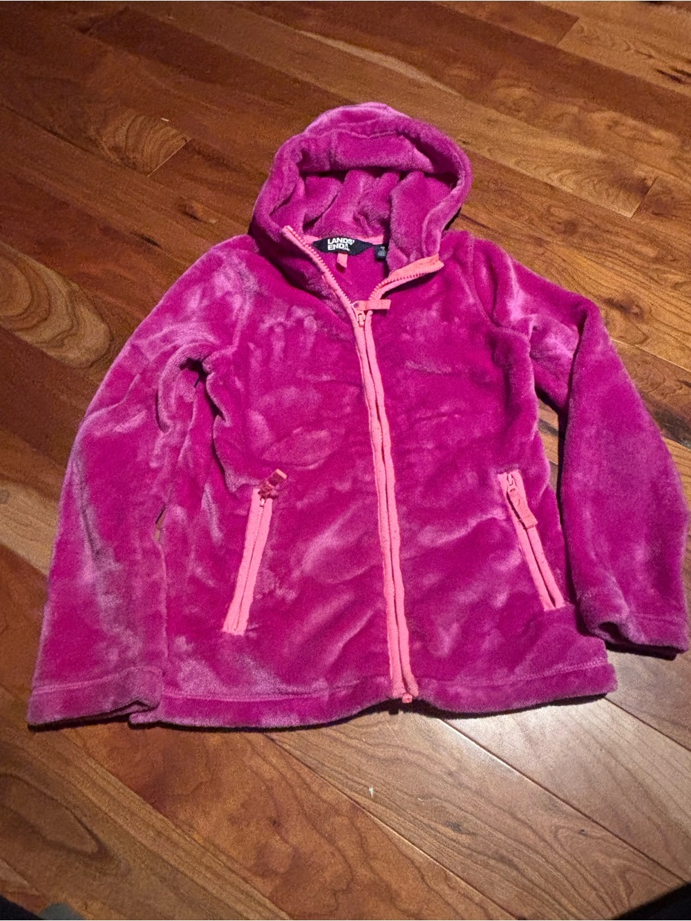 Lands' End Plush Hooded Jacket in Vivid Pink with Coral Trim